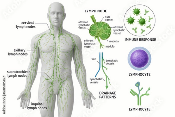 Obraz Human Lymphatic System Illustration: Anatomy, Lymph Nodes, Immune Response, Lymphocyte & Drainage [Illustration]