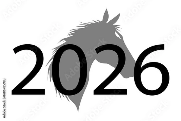 Fototapeta horse head silhouette with number 2026 black text on white background symbol of calendar year and chinese zodiac design concept of new year holiday astrology horoscope publishing advertising