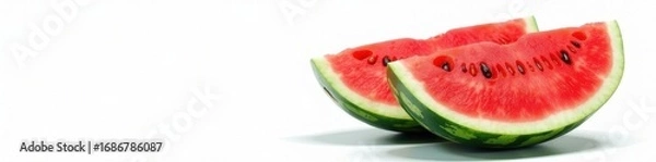 Fototapeta Enormous watermelon cut open, showing bright red flesh and seeds against white , image, detail, refreshment