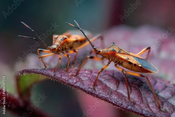 Fototapeta Assassin Bugs Closeup: Macro Shot of Brown Insects on Leaf in Nature