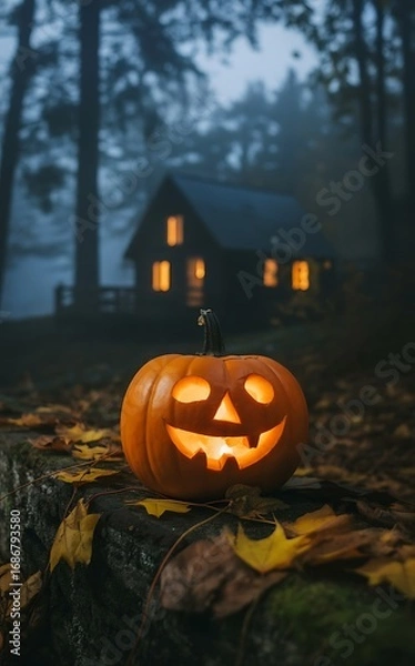 Fototapeta Glowing jack-o-lantern on a bed of autumn leaves under moonlit trees