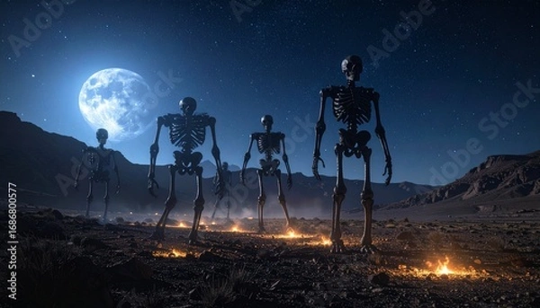 Obraz Mysterious Skeletons Emerge From a Rocky Landscape Under a Bright Full Moon