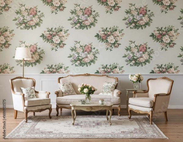 Fototapeta Retro living room with floral wallpaper