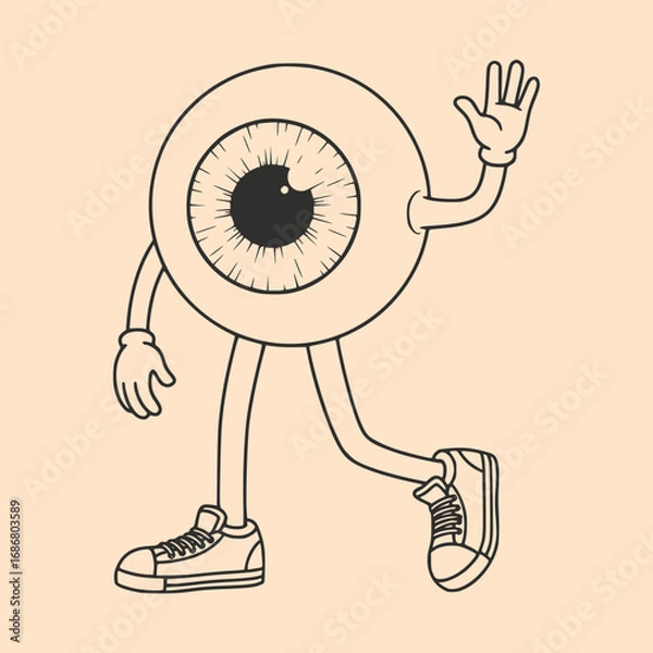 Obraz Vector art of whimsical eyeball character walking with sneakers and waving, a fun and quirky illustration with a vintage cartoon style and a light background
