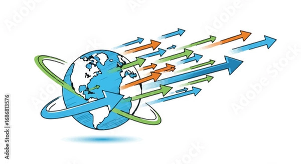 Obraz Global growth and expansion illustrated with dynamic arrows originating from a stylized earth.