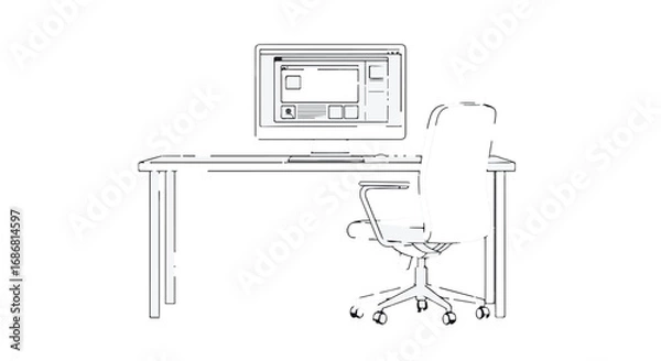 Fototapeta Minimalist office desk with computer and chair, ready for productivity.