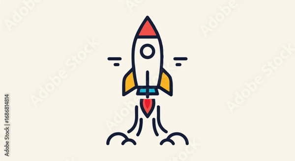 Obraz Retro rocket launch with colorful flames and smoke against a light background, symbolizing innovation and new beginnings.