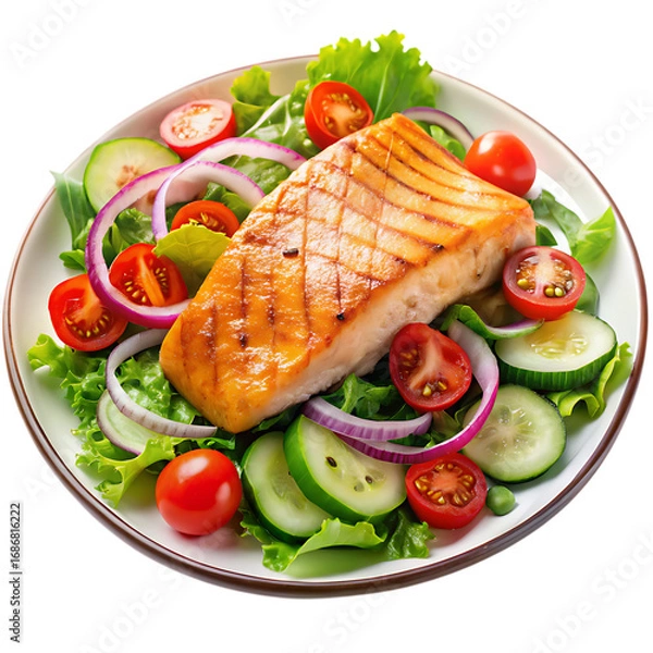 Fototapeta Grilled Salmon Fillet on Fresh Salad with Tomatoes, Cucumbers, and Red Onion Isolated on Transparent Background