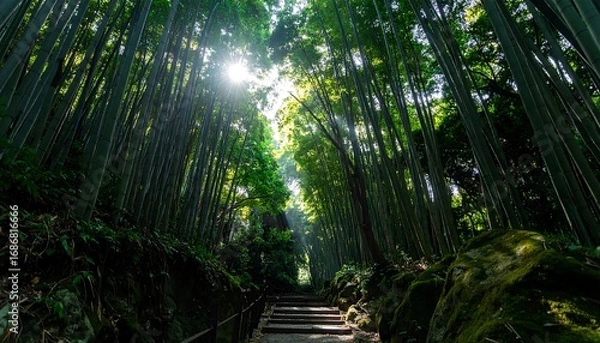 Fototapeta Sunlit path through a dense bamboo forest