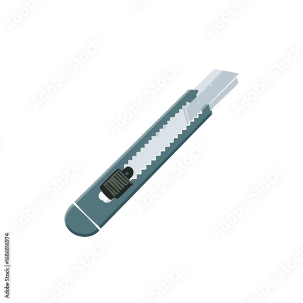 Fototapeta Gray cutter knife illustration with sharp snap-off blade for office, crafts, and work