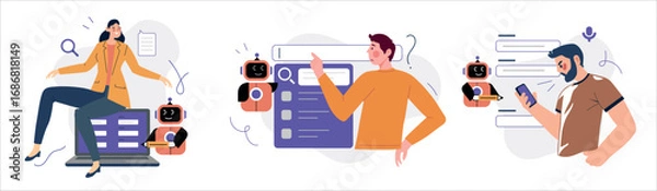 Obraz AI survey and review form. Characters fill questionnaire, analyze answers, leave feedback with artificial intelligence support. Vector Illustration
