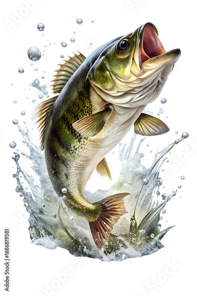 Fototapeta Largemouth Bass Jumping Out of Water with Splashes Isolated on Transparent Background