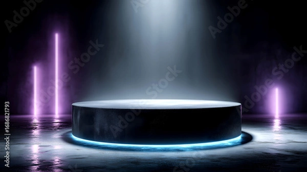 Obraz Neon - Lit Circular Display Podium With Smoky Dark Background, Futuristic Style For Product Display And Stage Design