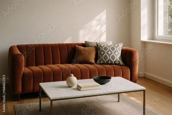 Fototapeta Modern rust-colored sofa with tufted design, patterned cushions and marble coffee table