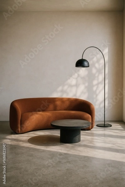 Fototapeta Modern minimalist living room with burnt orange curved sofa, black floor lamp and round coffee table