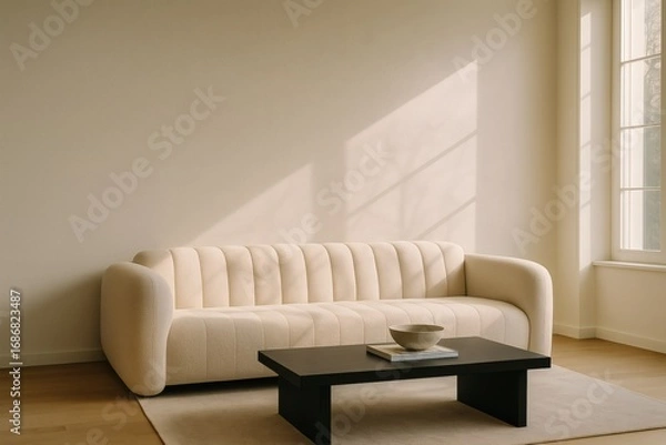 Fototapeta Beige modern sofa with channel tufting, black coffee table and minimalist decor