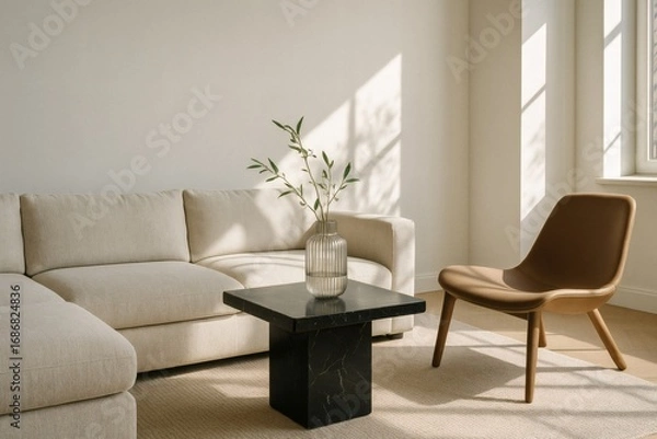 Fototapeta Minimalist beige sectional sofa with marble side table and brown leather chair