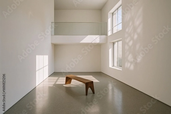 Fototapeta Minimalist modern room with single wooden bench, white walls and large windows