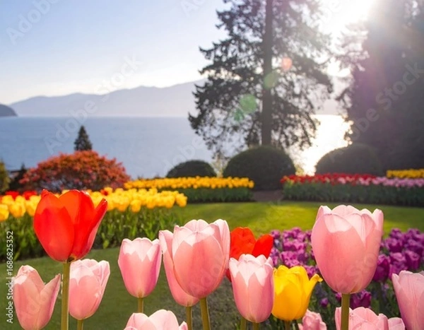 Obraz Vibrant spring flowers by a lake