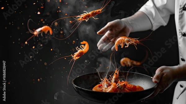 Fototapeta Flipping shrimp in warm oil emit steam and gloss, creating delicious cinematic flair. Generative AI