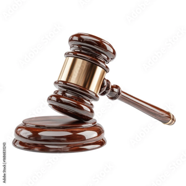 Fototapeta Polished wooden gavel with golden band on black background dark brown, Isolated On Png Transparent Background