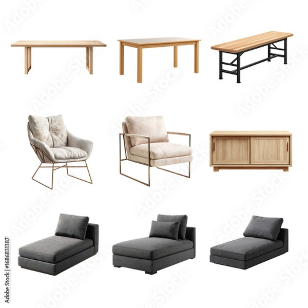 Fototapeta Modern furniture collection including tables, chairs, and sofas in various designs. Furniture isolated on white background, Transparent Background