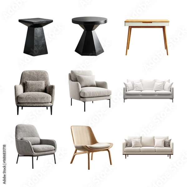 Fototapeta Modern furniture collection featuring stylish chairs and tables in various designs. Furniture isolated on white background, Transparent Background