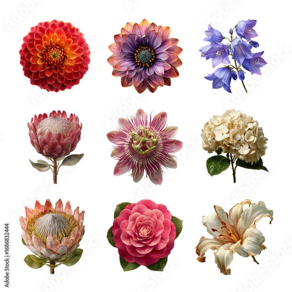 Fototapeta A vibrant collection of various colorful flowers showcasing nature's beauty. Flower isolated on white background, Transparent Background