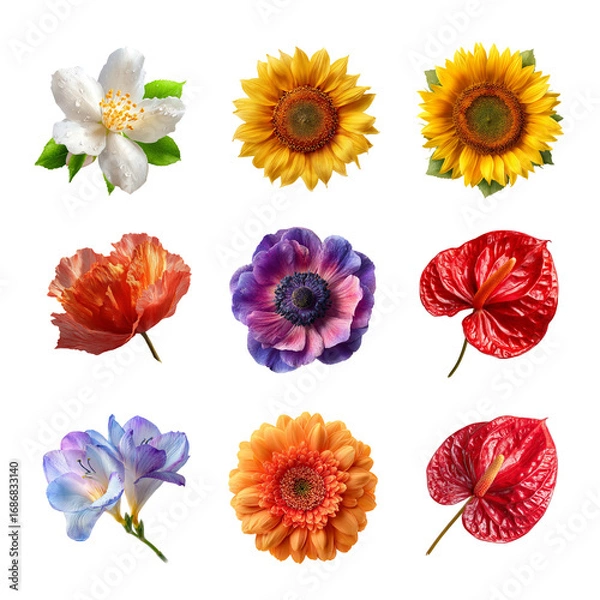 Fototapeta A vibrant collection of various flower types showcasing their unique beauty. Flower isolated on white background, Transparent Background