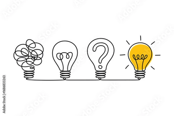 Fototapeta Continuous Line Drawing of Light Bulbs and Question Mark – Idea Concept Vector