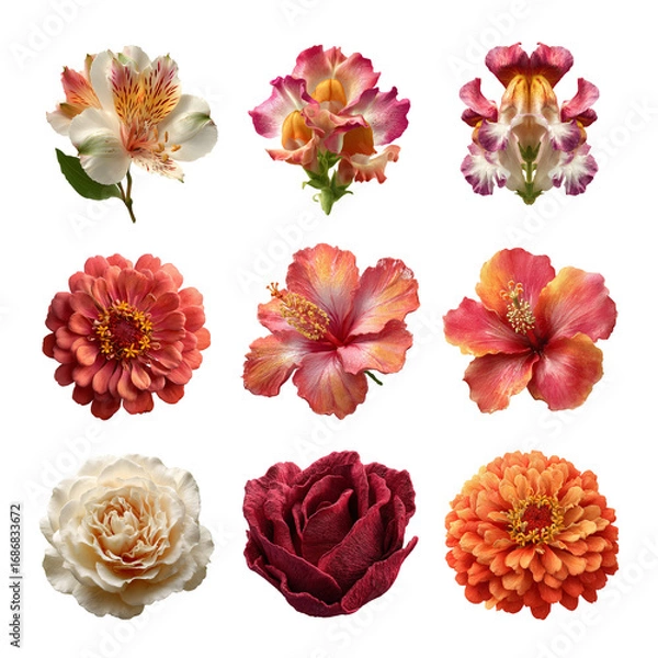 Fototapeta A vibrant collection of colorful flowers showcasing diverse shapes and hues. Flower isolated on white background, Transparent Background