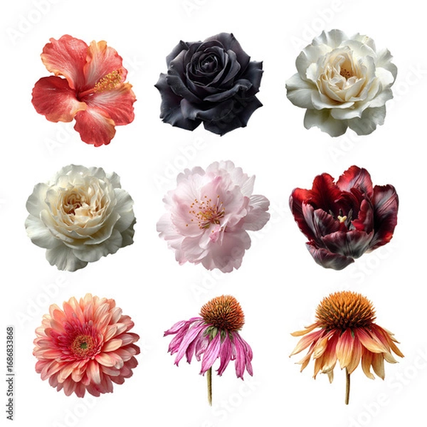 Fototapeta A vibrant collection of various floral blooms in diverse colors and shapes. Flower isolated on white background, Transparent Background