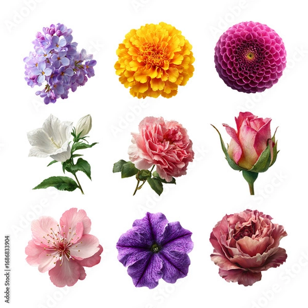 Fototapeta A vibrant arrangement of various colorful flowers in bloom, showcasing nature's beauty. Flower isolated on white background, Transparent Background