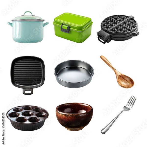 Fototapeta Various kitchen utensils and cookware arranged neatly on a white background. Kitchen wear isolated on white background, Transparent Background