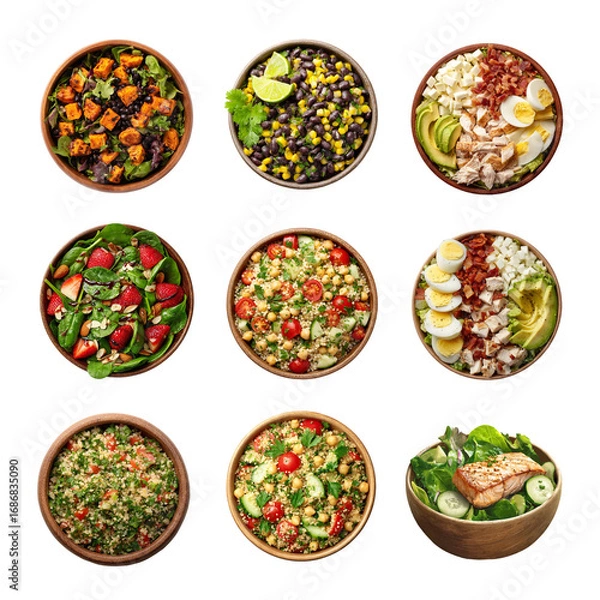 Fototapeta A vibrant assortment of healthy salads displayed in wooden bowls. Salad isolated on white background, Transparent Background