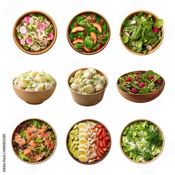 Fototapeta A variety of fresh salads served in bowls showcasing healthy ingredients. Salad isolated on white background, Transparent Background