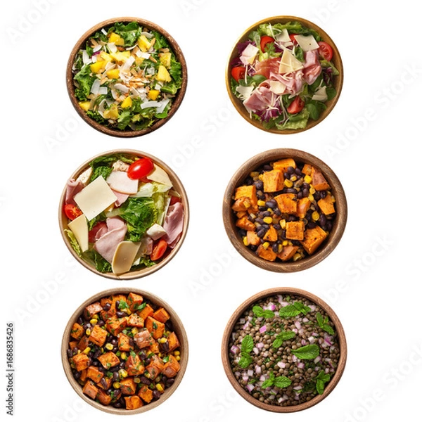Fototapeta A variety of colorful salads displayed in bowls for fresh meal inspiration. Salad isolated on white background, Transparent Background