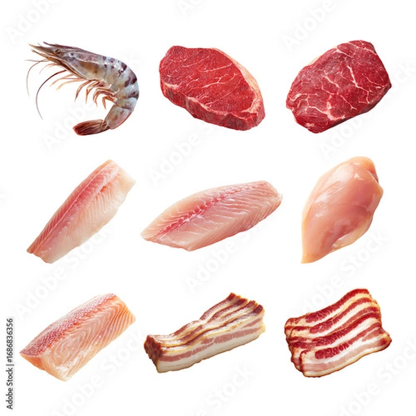 Fototapeta Assorted fresh meats and seafood neatly arranged for culinary inspiration. Ingredient isolated on white background, Transparent Background