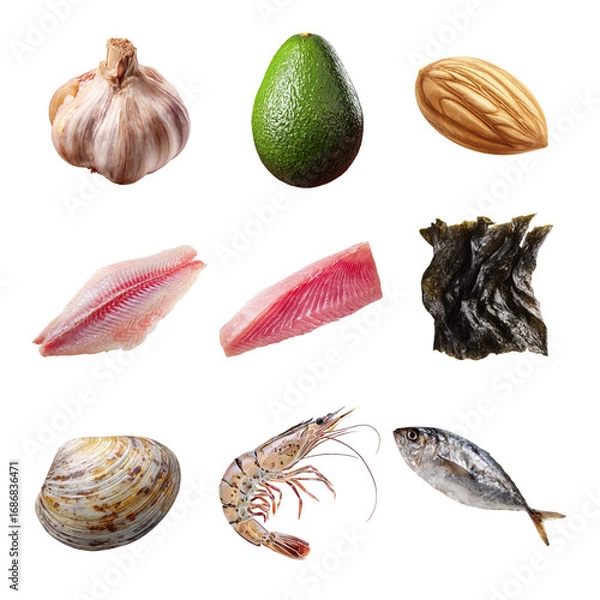 Fototapeta Fresh seafood and healthy ingredients arranged artfully on a white background. Ingredient isolated on white background, Transparent Background