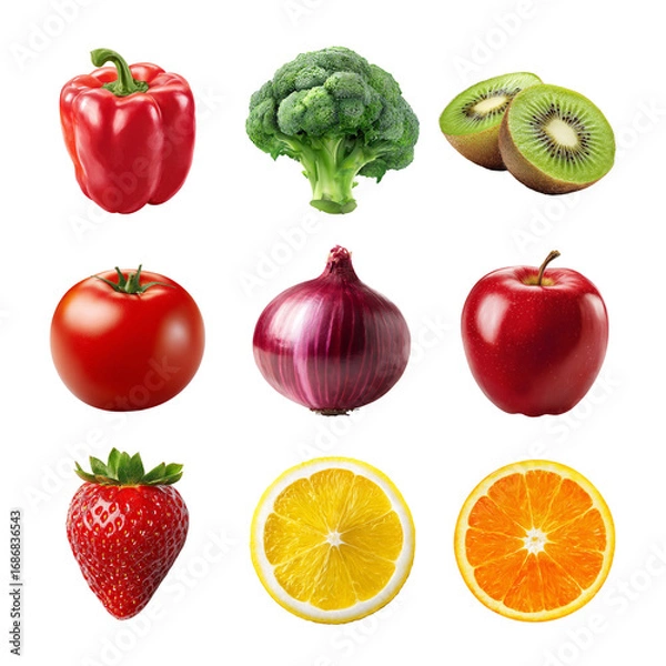 Fototapeta A vibrant arrangement of fresh fruits and vegetables, showcasing colorful organic produce. Ingredient isolated on white background, Transparent Background