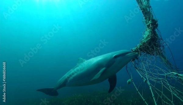 Fototapeta Dolphin entangled in plastic net underwater