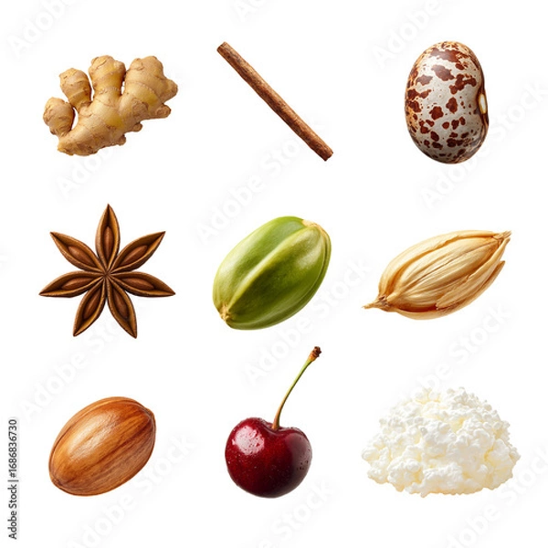 Fototapeta A vibrant collection of spices and ingredients perfect for culinary creations. Ingredient isolated on white background, Transparent Background