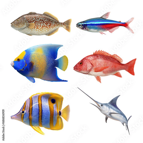 Fototapeta A vibrant collection of various fish species swimming gracefully. Fish isolated on white background, Transparent Background