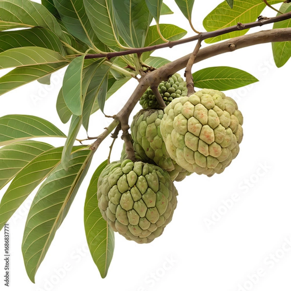 Fototapeta Custard apple fruits growing on a tree branch with leaves, isolated on transparent background