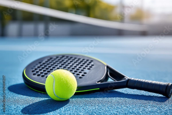 Fototapeta Tennis racket with a bright yellow ball resting on a blue court surface, showcasing sports equipment and vibrant colors in an outdoor athletic environment