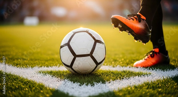 Obraz Dynamic outdoor soccer action with a player's foot and a ball on the field at sunset, ready for a corner kick opportunity