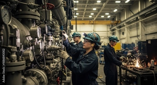 Fototapeta Engineering team performing routine maintenance on aircraft carrier catapult steam generator systems in a specialized repair facility.