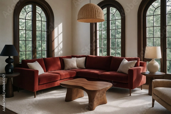 Fototapeta Classic living room with red velvet sectional sofa, arched windows, and wooden coffee table in natural light