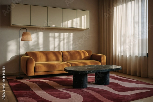 Fototapeta Stylish living room with mustard sofa, black oval coffee table, and patterned rug under soft daylight