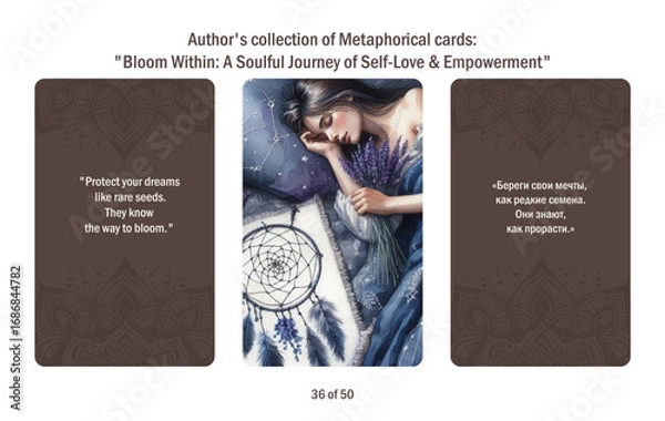 Fototapeta Metaphorical cards for women. Blossom from within a soulful journey to self-love and empowerment, answers to questions.